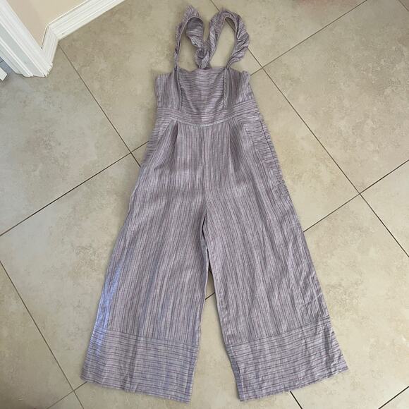 Anthropologie Nantucket Ruffled Jumpsuit Elevenses Size 8 Stripe Pink Lavender - Picture 5 of 16